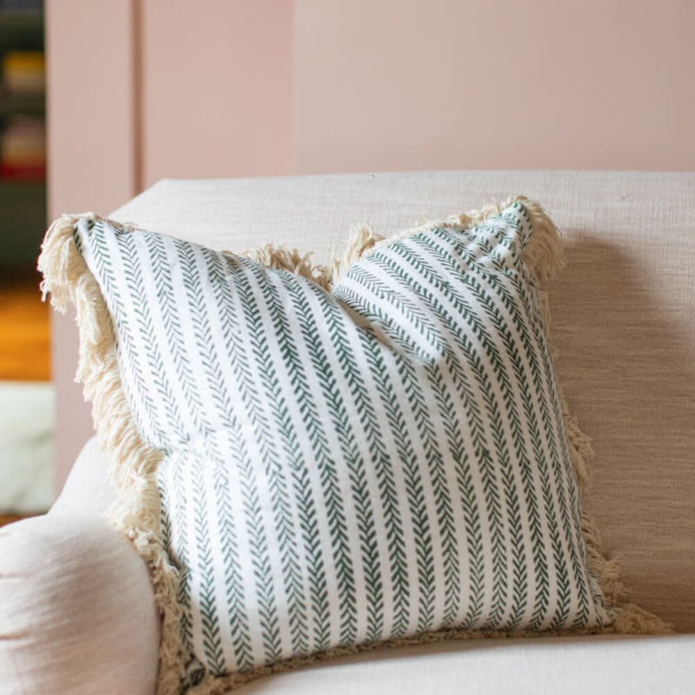 20X20 Linen Pillow Covers with Cotton Fringe - Green Climbing Vines Linen